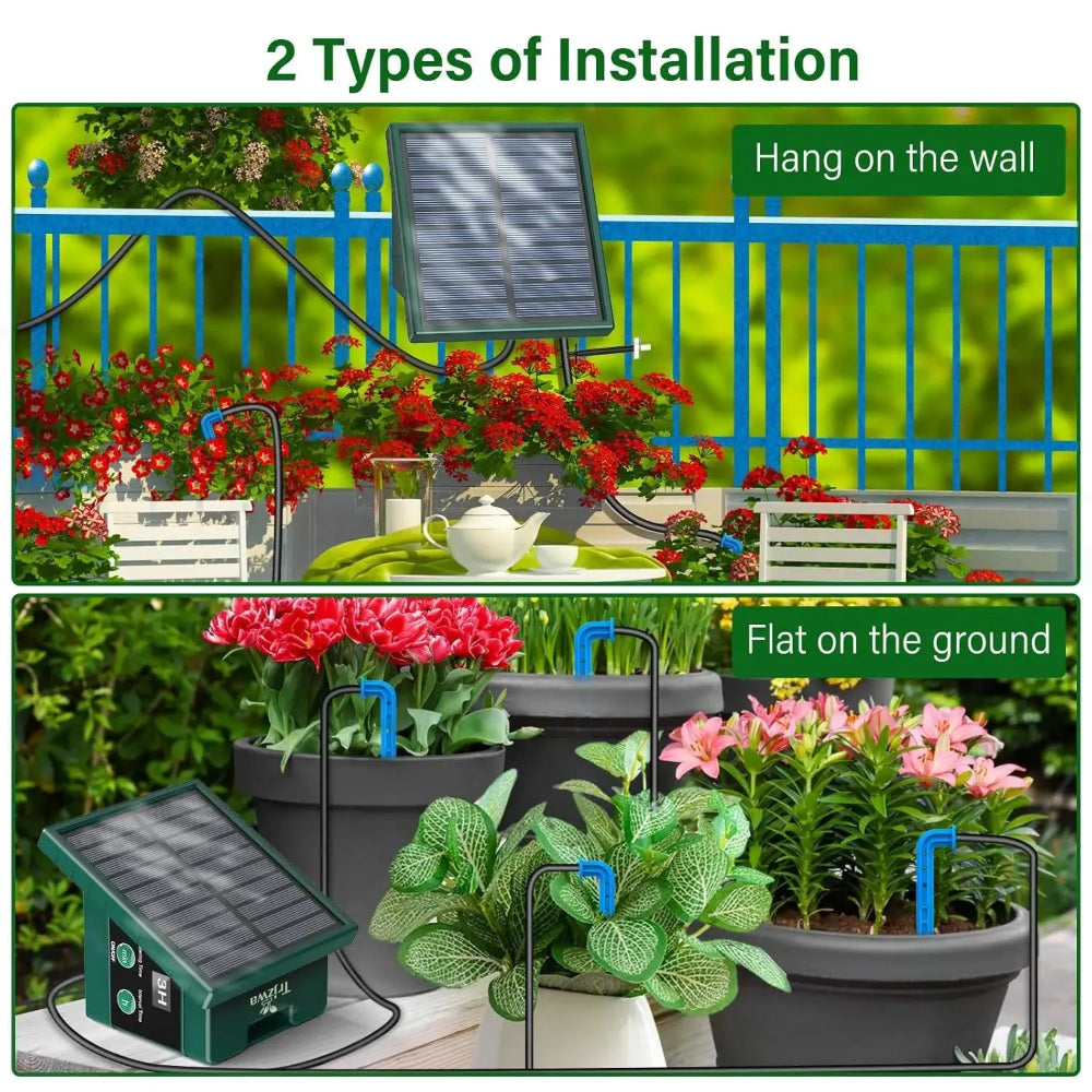 Solar-powered garden irrigation system with installation options on a garden background.