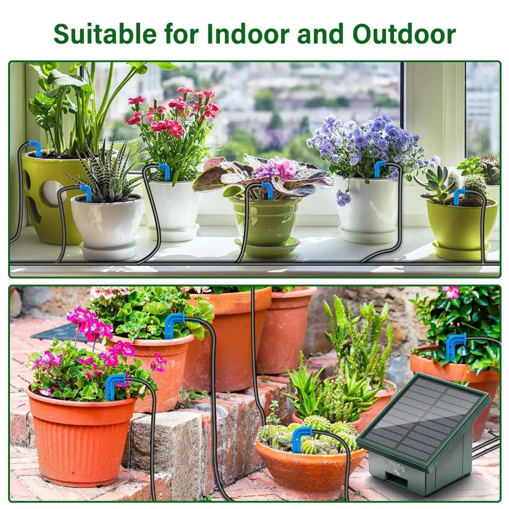 Solar-powered plant watering system with pots of flowers indoors and outdoors.