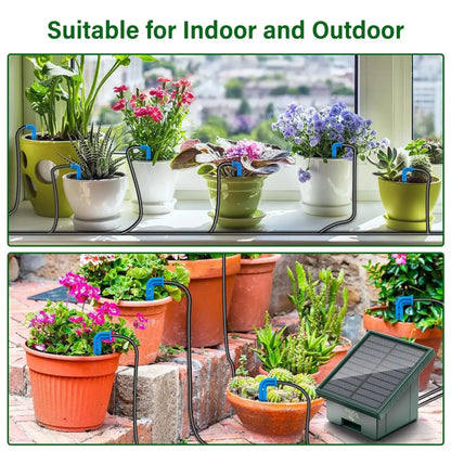 Solar-powered plant watering system with pots of flowers indoors and outdoors.