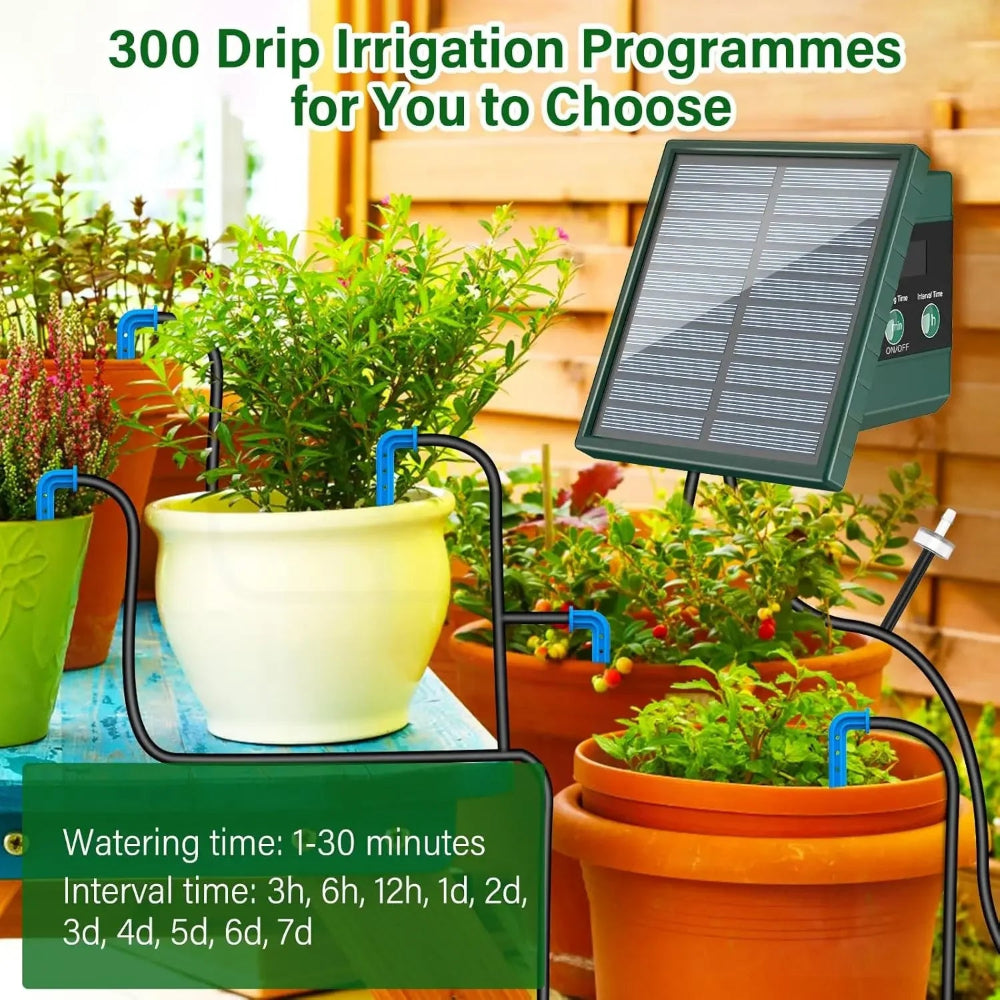 Solar-powered drip irrigation system with plants in pots in a garden setting.