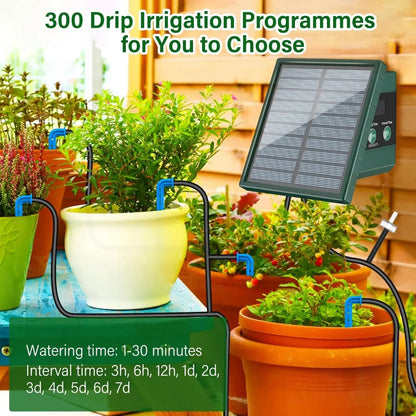 Solar-powered drip irrigation system with plants in pots in a garden setting.