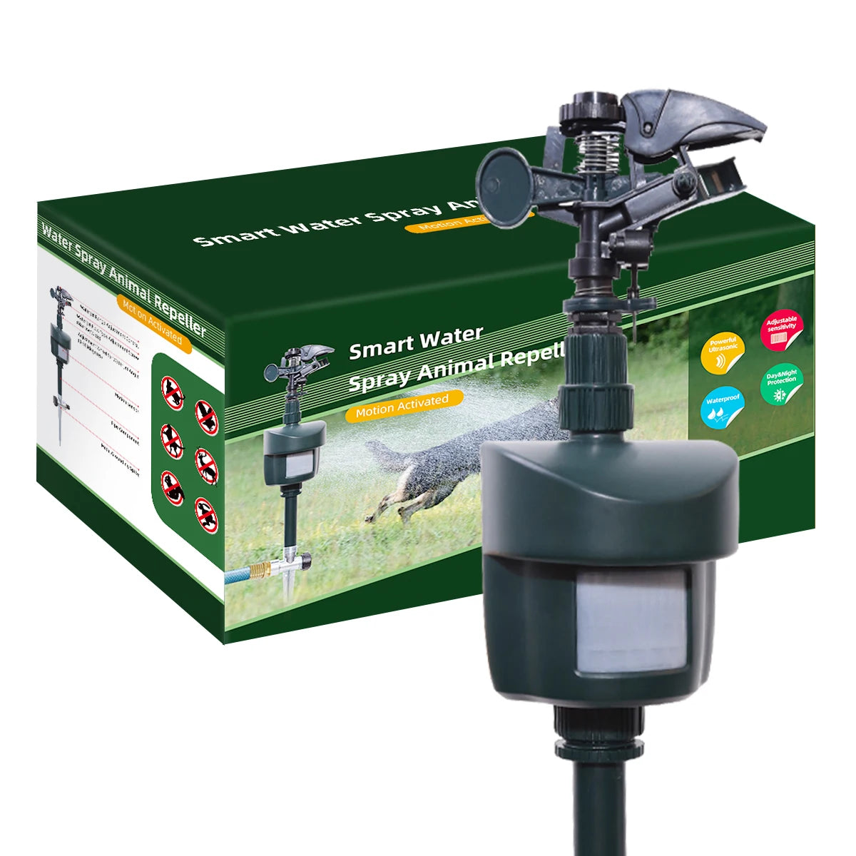 Motion Activated Sprinkler Repellent for Animals 24 Hour Detection