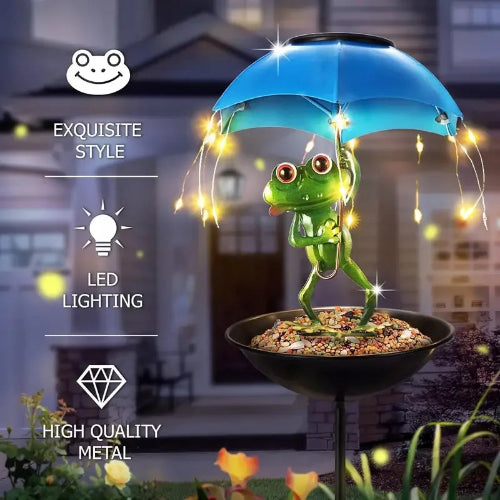 Decorative garden frog with umbrella and LED lighting, featuring text on quality and features.