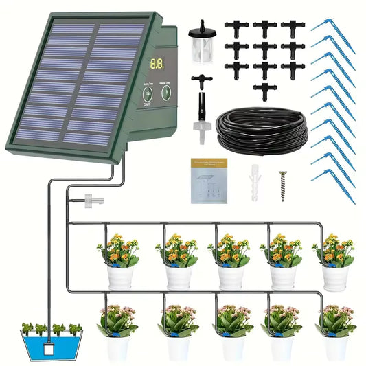 Solar-powered irrigation system with components and plants on a white background