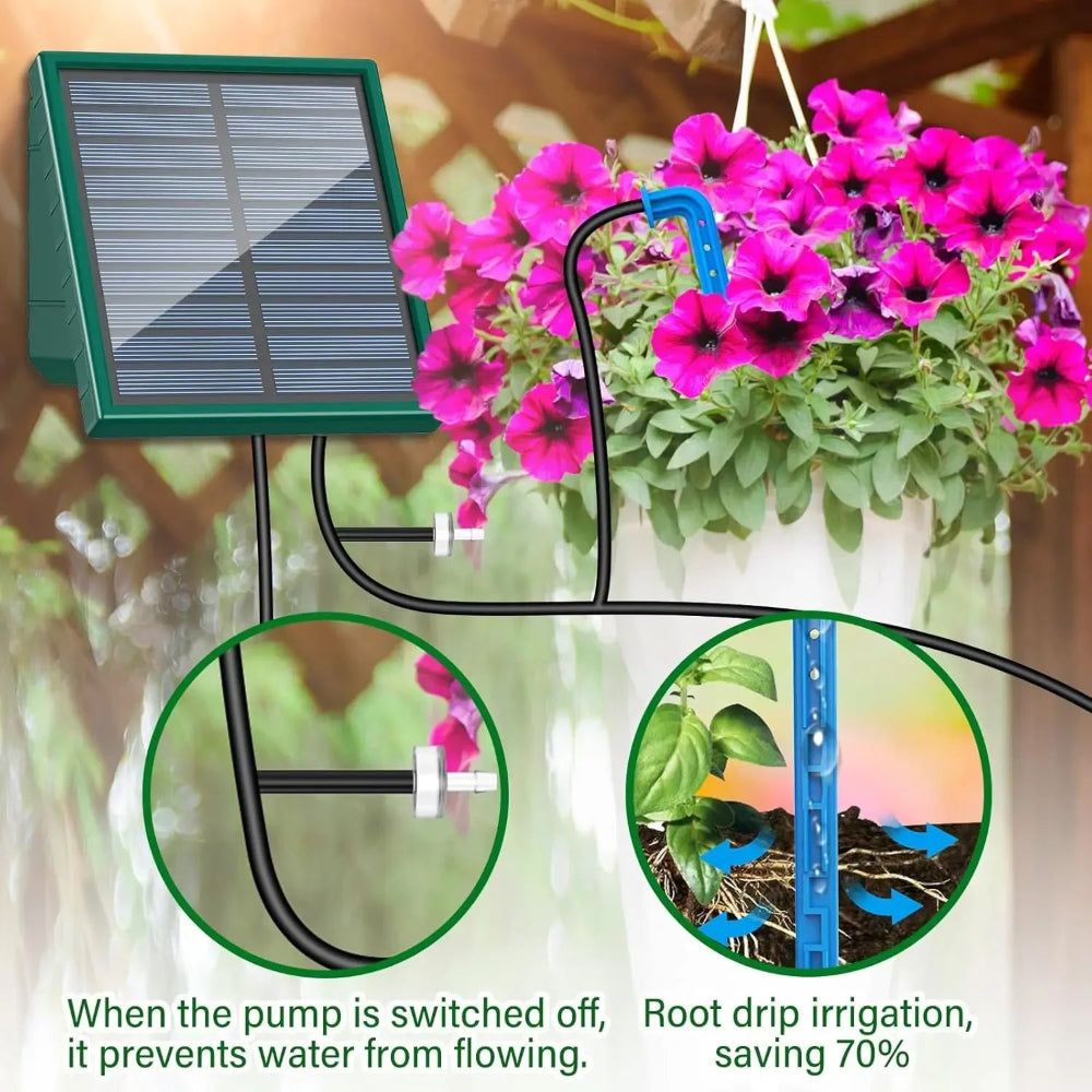 Solar-powered water pump system with a hanging plant and close-up details on a blurred background.