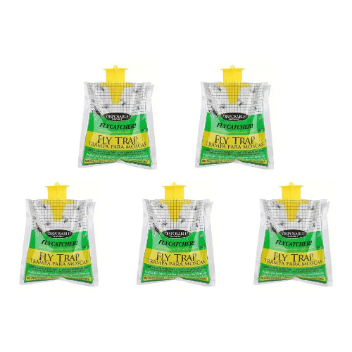 Five packages of Flycatcher fly traps on a white background