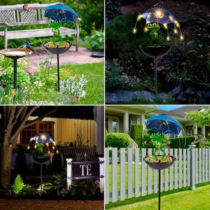 Collage of a garden ornament with a solar light, bird feeder, and decorative umbrella in various outdoor settings.