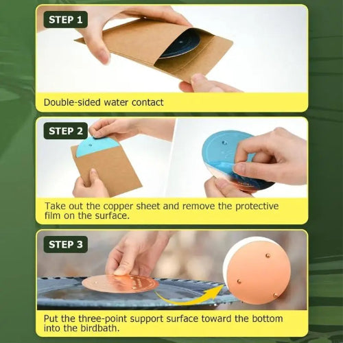 Step-by-step guide on how to use a three-point support surface for a birdbath, with hands performing actions.