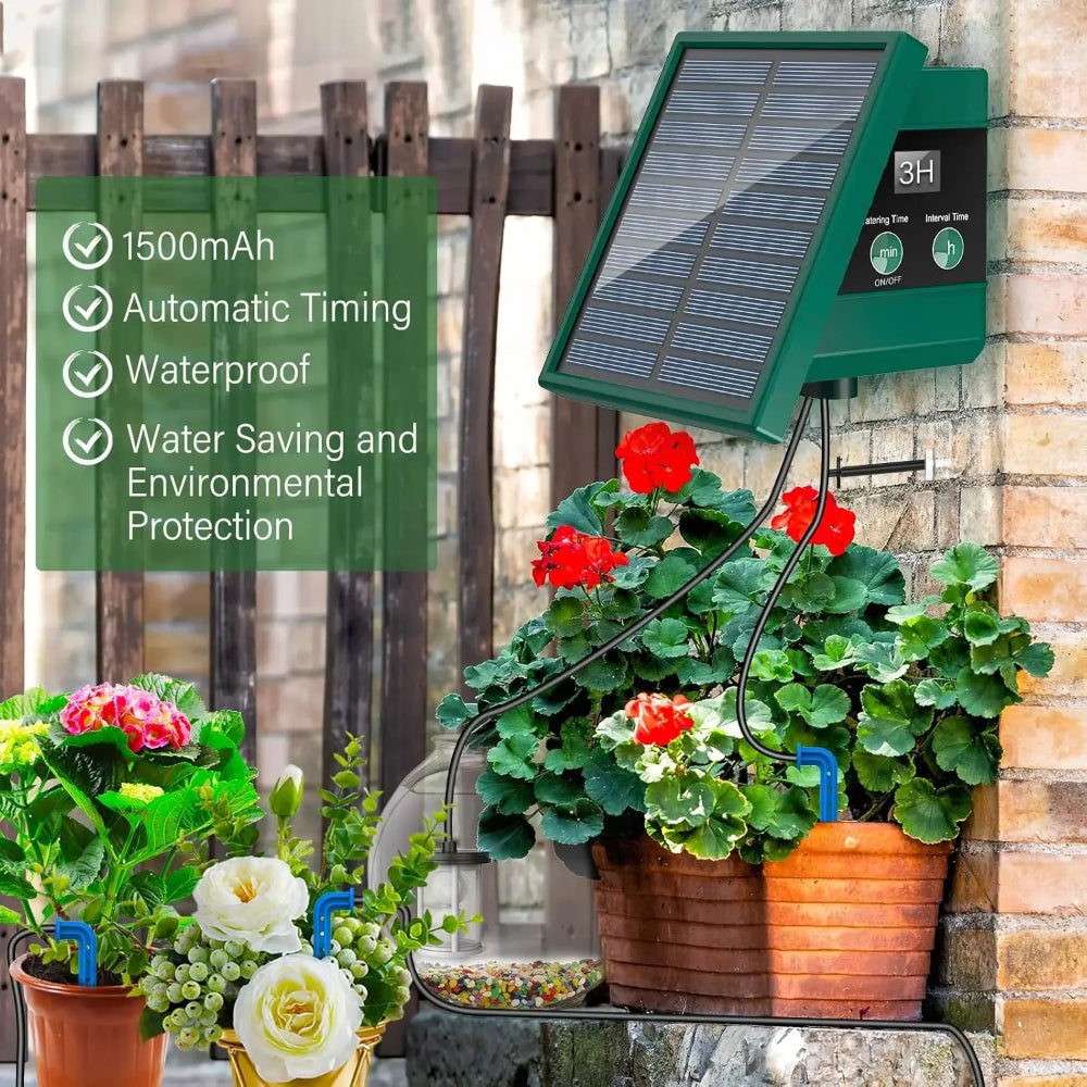 Solar-powered plant waterer with features listed on a green sign, next to potted plants.